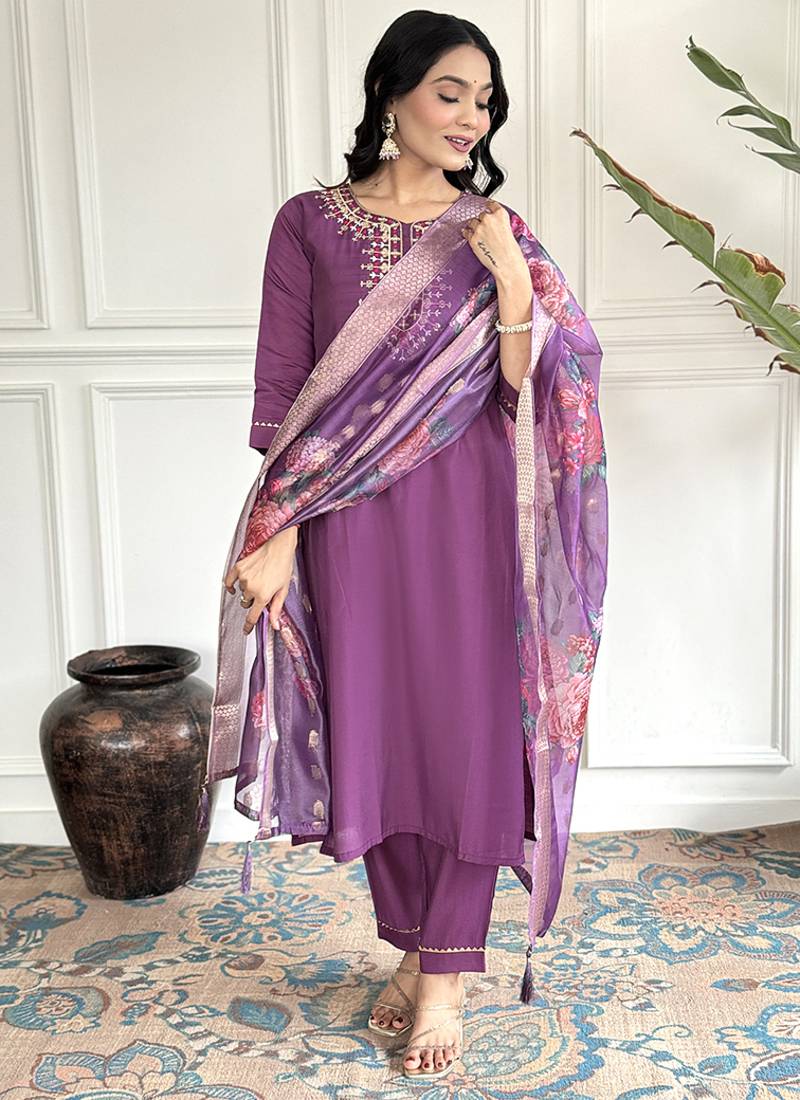 Purple chanderi straight readymade suit