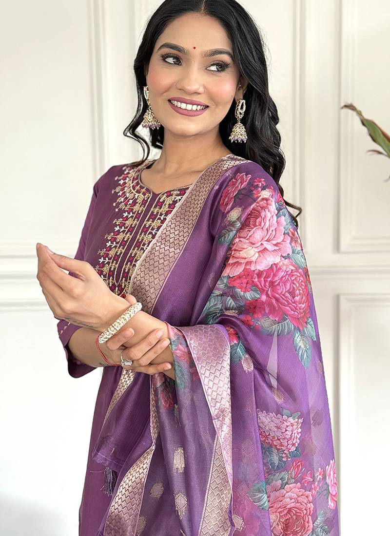 Purple chanderi straight readymade suit
