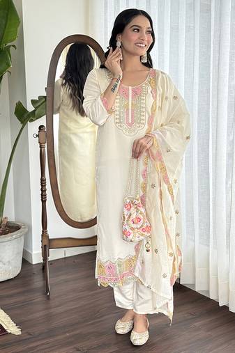 Off white viscose chanderi straight kurta suit