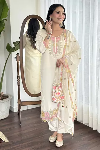 Off white viscose chanderi straight kurta suit