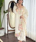 Off white viscose chanderi straight kurta suit