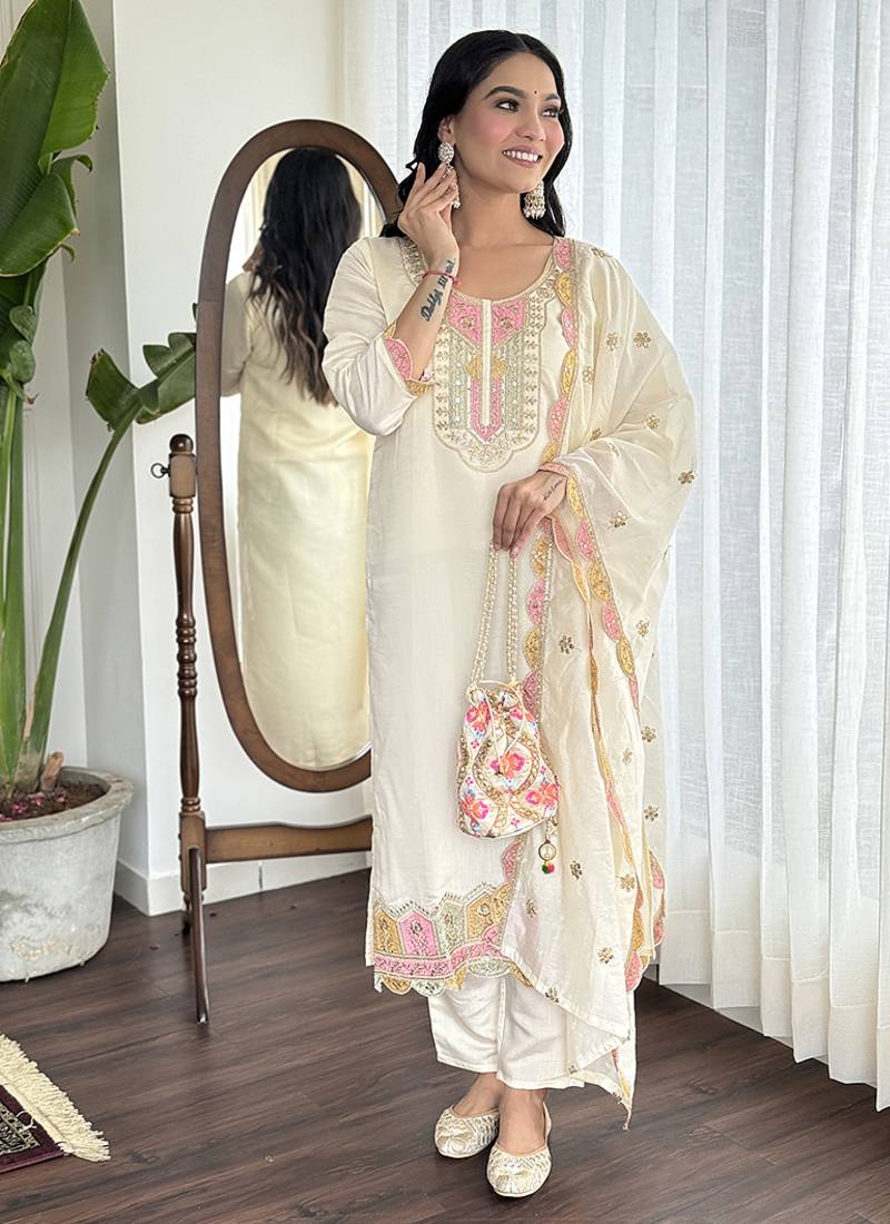 Off white viscose chanderi straight kurta suit