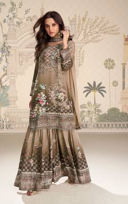 Beige embroidered crepe Palazzo suit 1