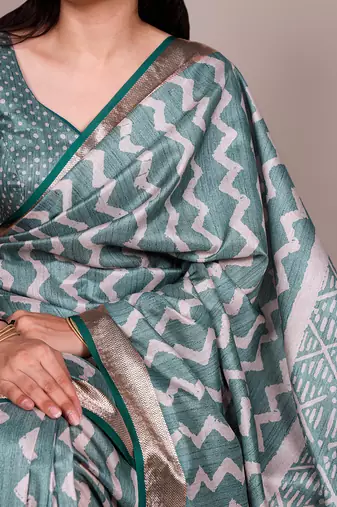 Premium tassar silk printed saree with glossy viscose border