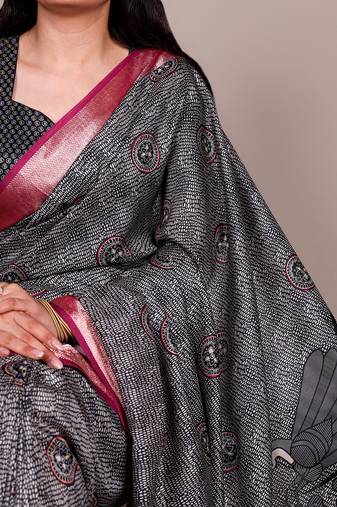 Premium tassar silk printed saree with glossy viscose border