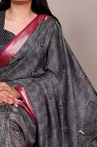 Premium tassar silk printed saree with glossy viscose border