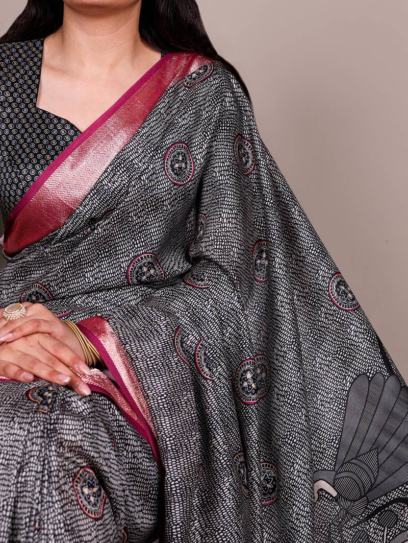 Premium tassar silk printed saree with glossy viscose border