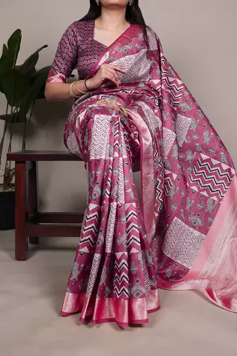 Premium tassar silk printed saree with glossy viscose border