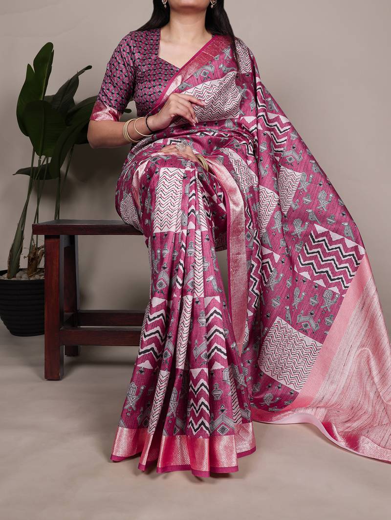 Premium tassar silk printed saree with glossy viscose border