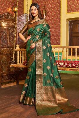 green silk blend banarasi saree with blouse  1