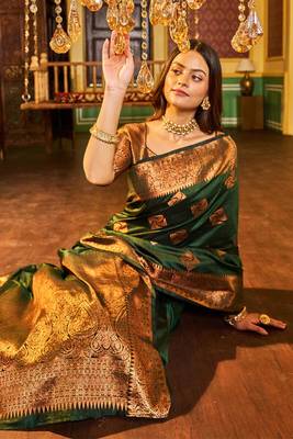 green silk blend banarasi saree with blouse  2