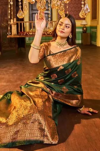 green silk blend banarasi saree with blouse 