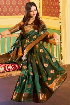 green silk blend banarasi saree with blouse  3