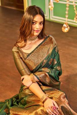 green silk blend banarasi saree with blouse  4
