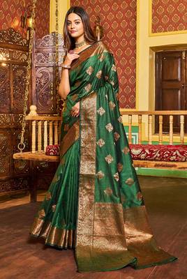 green silk blend banarasi saree with blouse  5