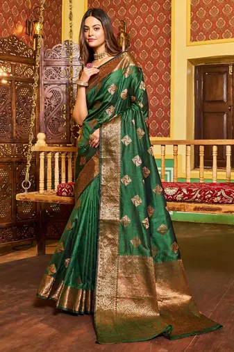 green silk blend banarasi saree with blouse 