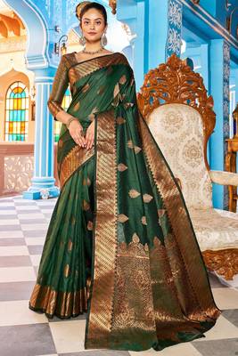 green silk blend banarasi saree with blouse  1
