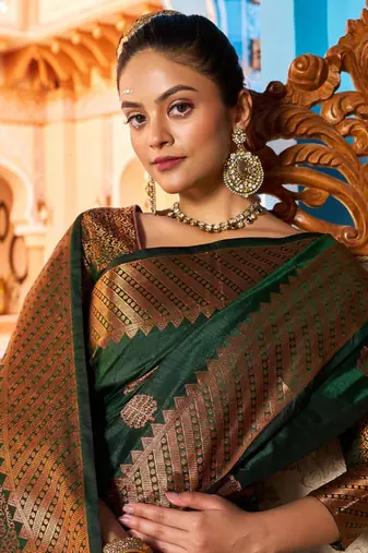 green silk blend banarasi saree with blouse 