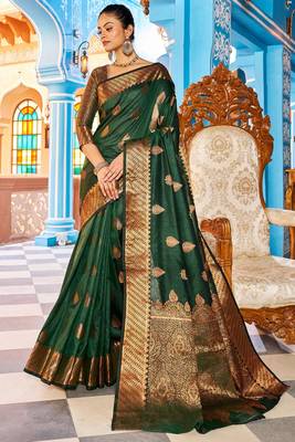 green silk blend banarasi saree with blouse  4
