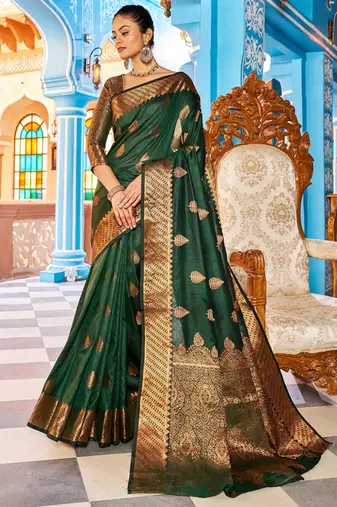 green silk blend banarasi saree with blouse 