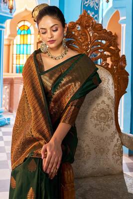 green silk blend banarasi saree with blouse  5