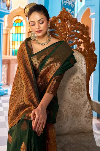 green silk blend banarasi saree with blouse 