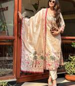 Cream women kurta pant dupatta set