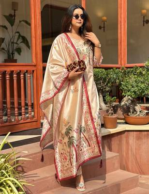 Cream women kurta pant dupatta set 2