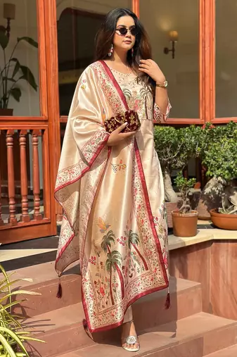 Cream women kurta pant dupatta set