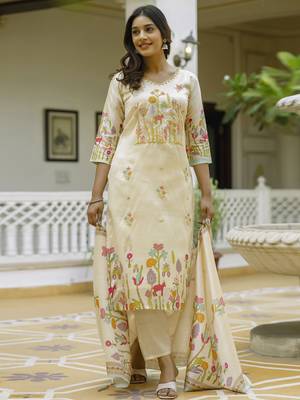 Cream women kurta pant dupatta set 1