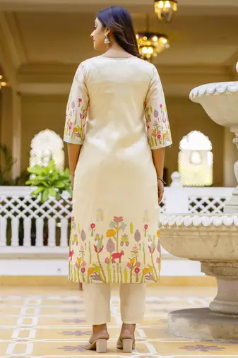 Cream women kurta pant dupatta set