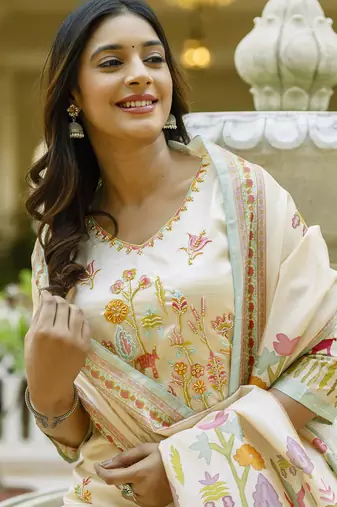 Cream women kurta pant dupatta set