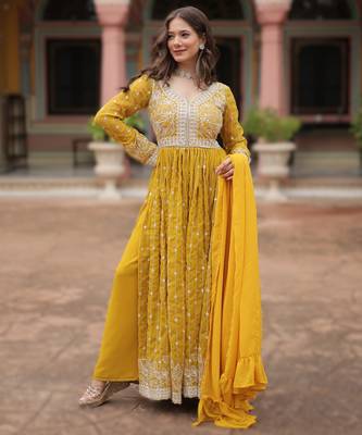 faux georgette sequins embroidered kurti plazzo set with dupatta 1