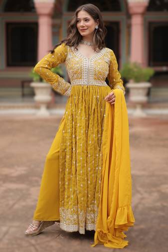 faux georgette sequins embroidered kurti plazzo set with dupatta