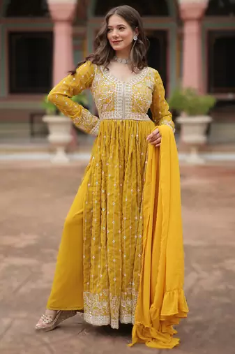 faux georgette sequins embroidered kurti plazzo set with dupatta