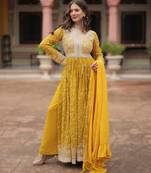 faux georgette sequins embroidered kurti plazzo set with dupatta