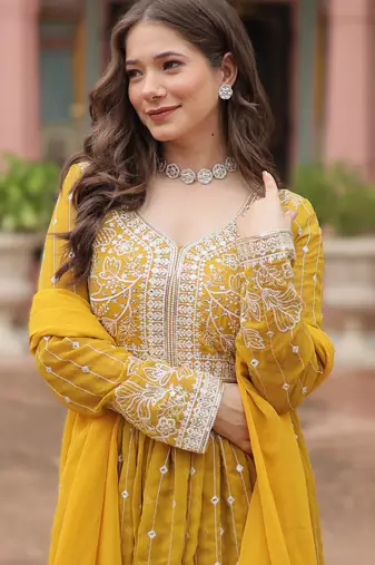 faux georgette sequins embroidered kurti plazzo set with dupatta