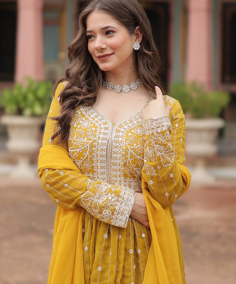 faux georgette sequins embroidered kurti plazzo set with dupatta