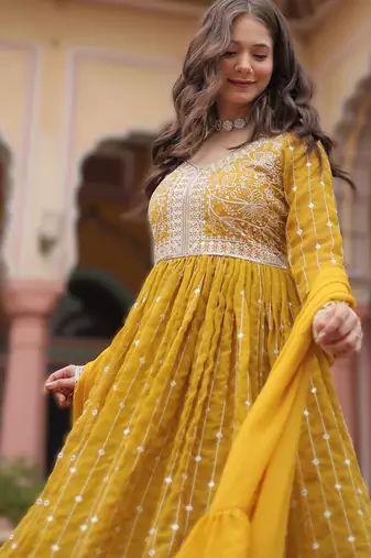 faux georgette sequins embroidered kurti plazzo set with dupatta