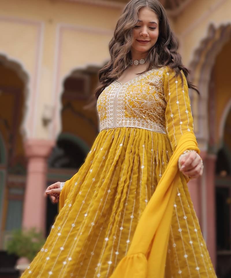 faux georgette sequins embroidered kurti plazzo set with dupatta