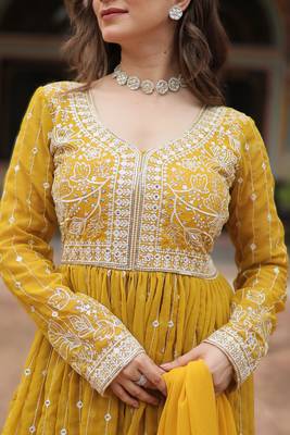 faux georgette sequins embroidered kurti plazzo set with dupatta 4