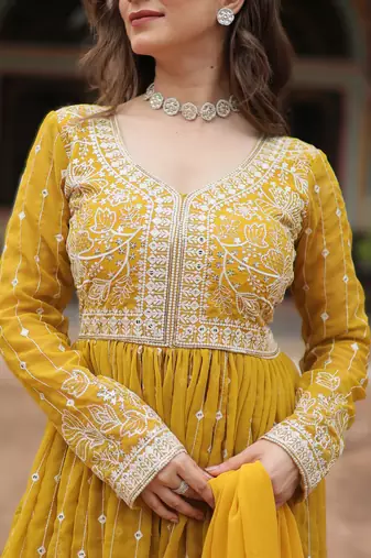 faux georgette sequins embroidered kurti plazzo set with dupatta