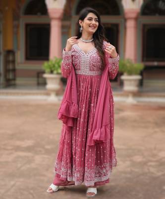faux georgette sequins embroidered kurti plazzo set with dupatta 1