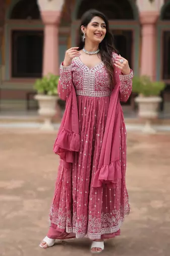 faux georgette sequins embroidered kurti plazzo set with dupatta