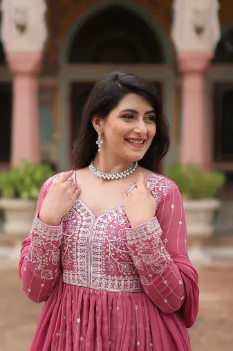 faux georgette sequins embroidered kurti plazzo set with dupatta