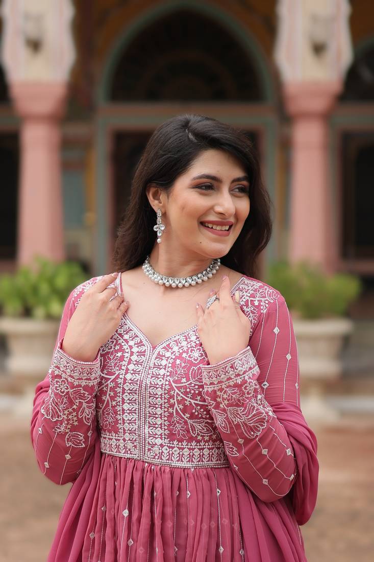 faux georgette sequins embroidered kurti plazzo set with dupatta