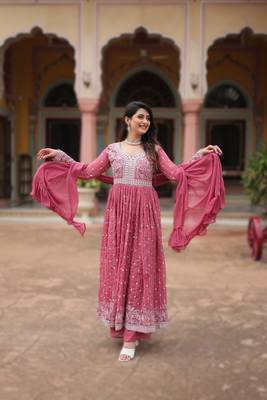 faux georgette sequins embroidered kurti plazzo set with dupatta 3