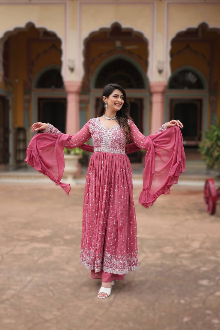 faux georgette sequins embroidered kurti plazzo set with dupatta