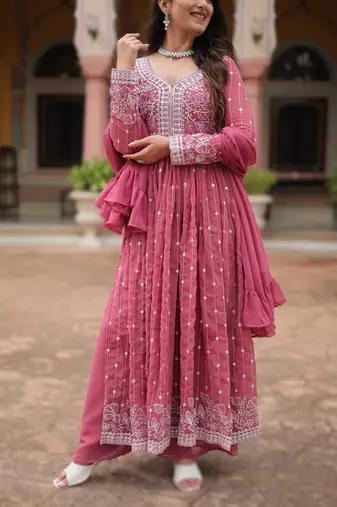 faux georgette sequins embroidered kurti plazzo set with dupatta