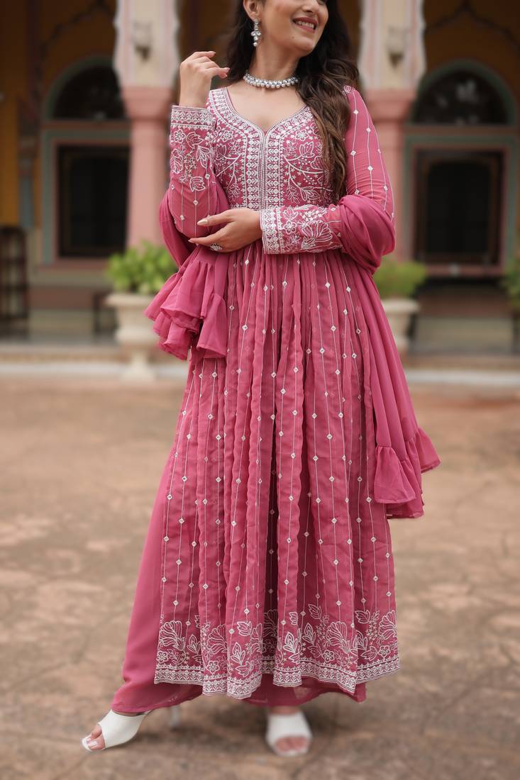 faux georgette sequins embroidered kurti plazzo set with dupatta